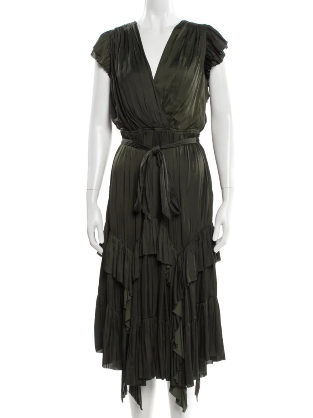 Ulla Johnson Olive Green Ruffled Wrap Midi Dress